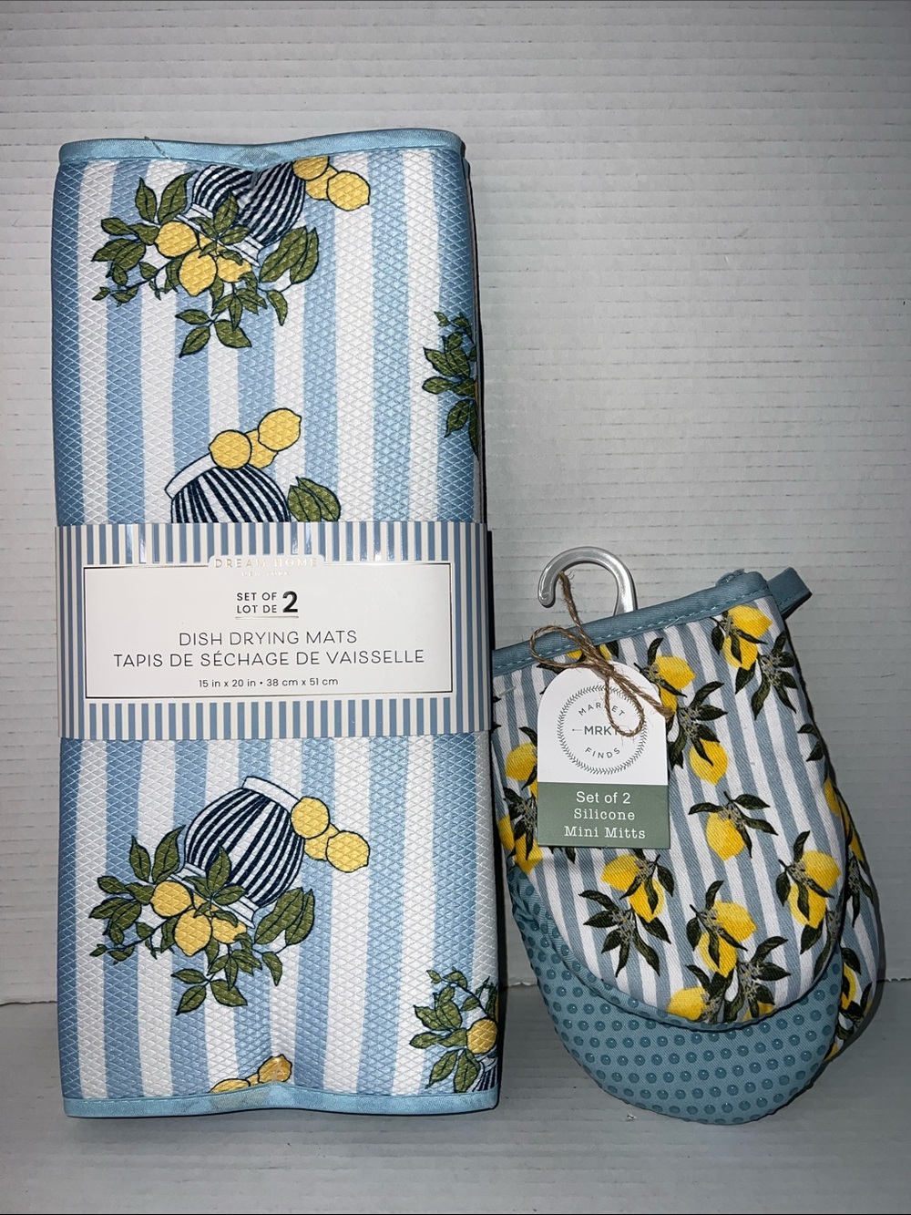 Dream Home Striped Lemon Dish Drying Mat Silicone Mini Mitts Blue White NEW